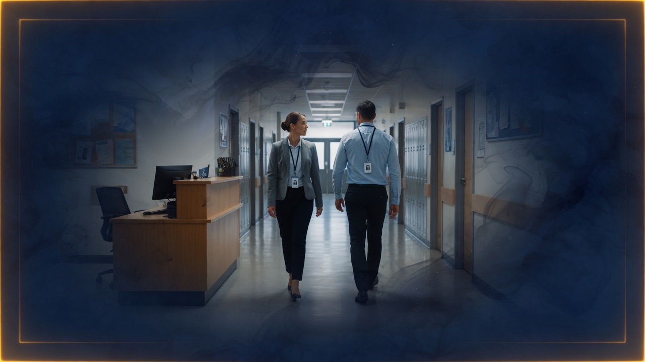 Two adult staff members with lanyards walking a school hallway