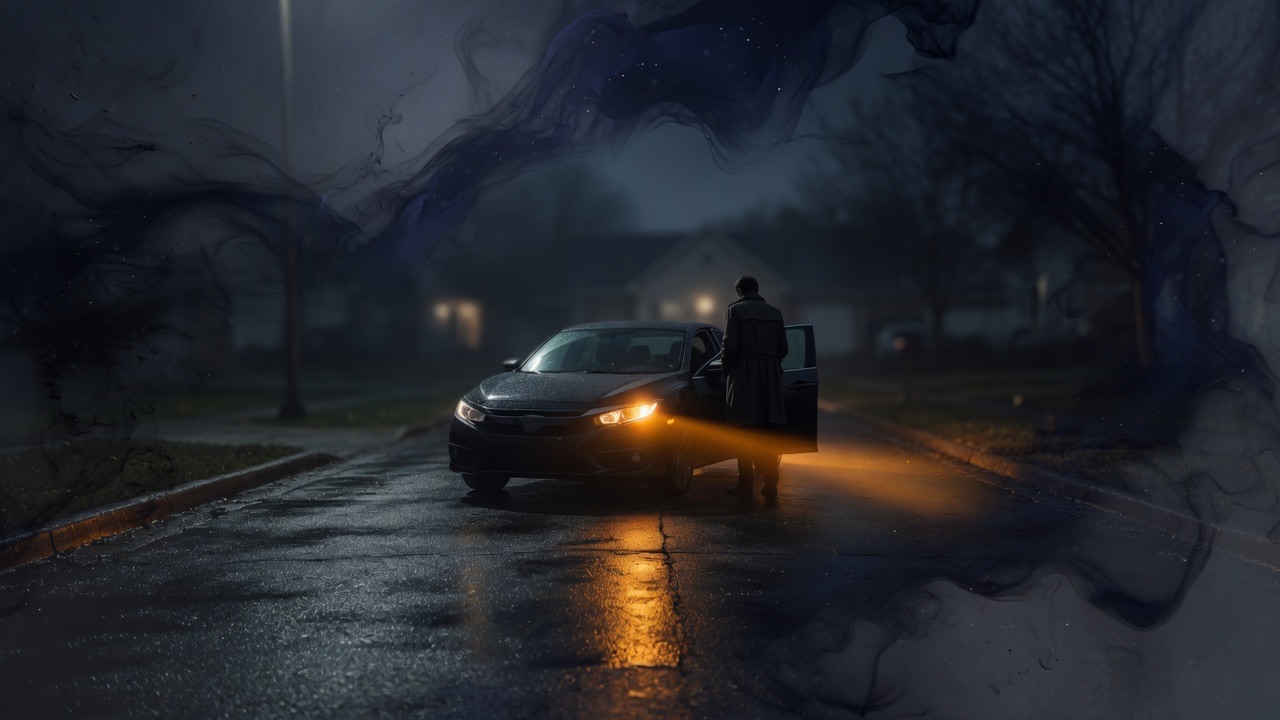 An adult standing by an open car door on a wet street at night