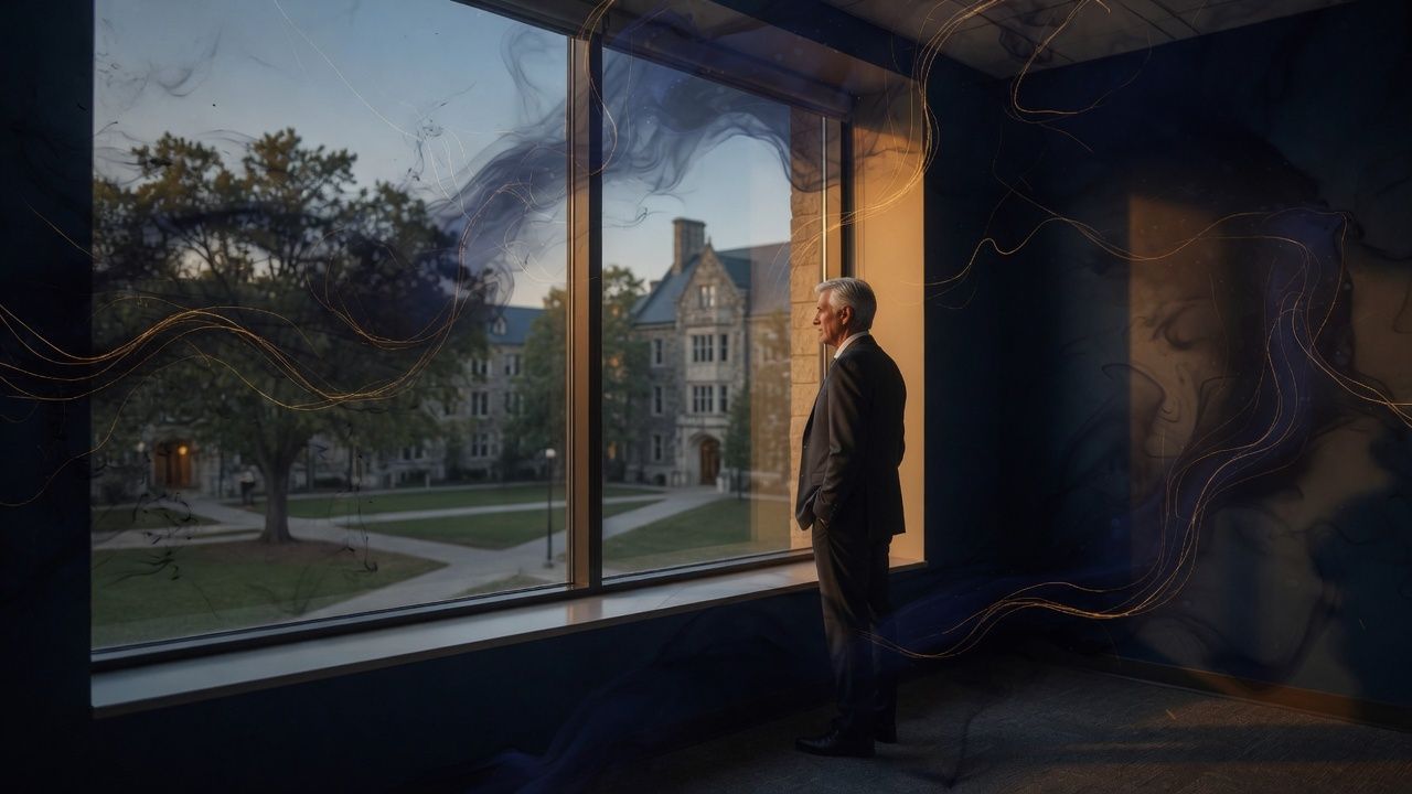 An administrator at a campus window at dusk.