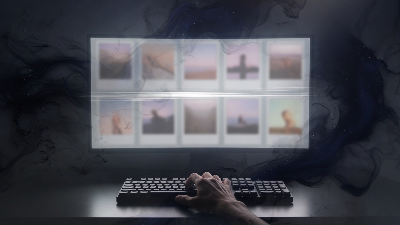 A hand at a keyboard beneath a screen of photo cards and a band of light