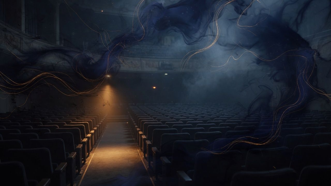 An empty theater at night, with an amber aisle light and indigo ink in the air.