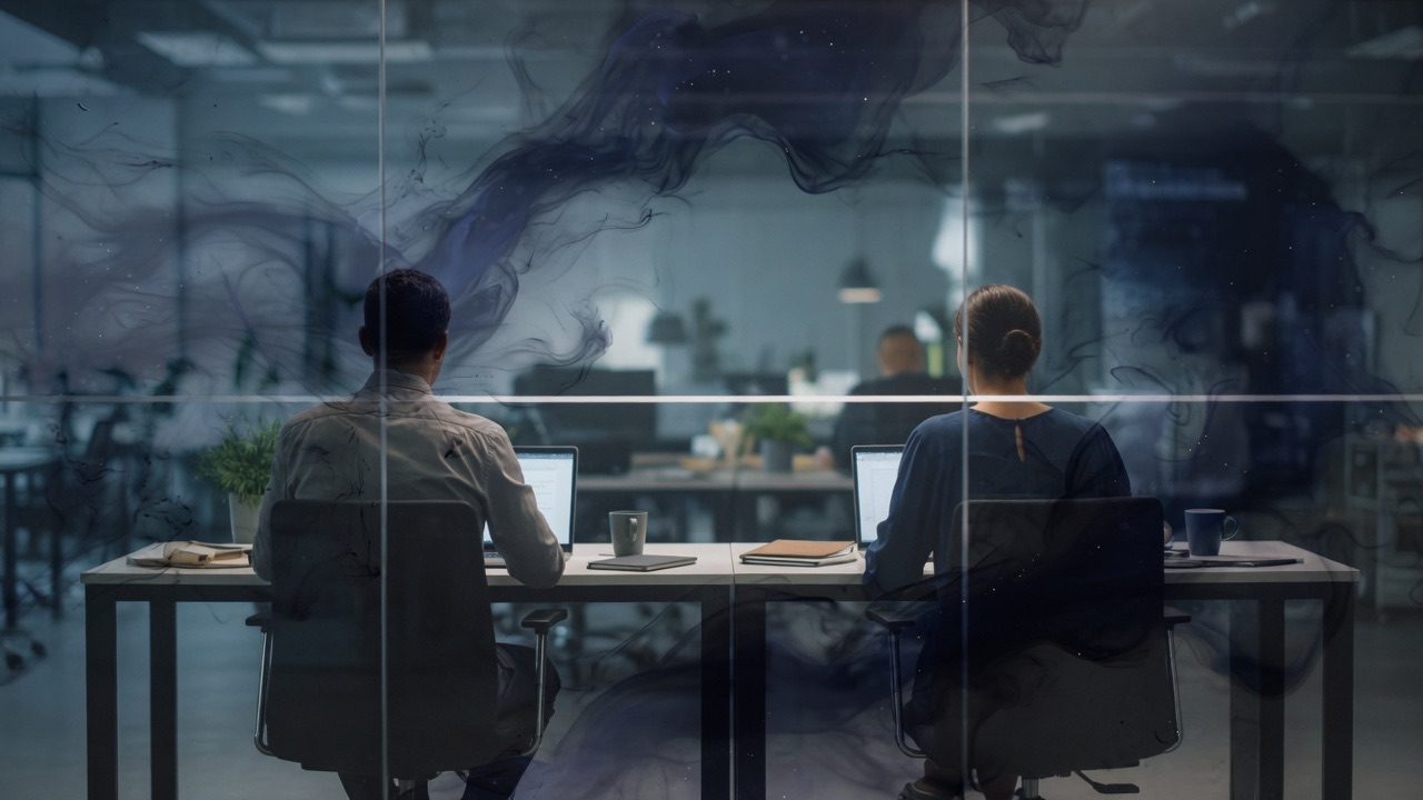 Two adults working at laptops, seen through a glass office wall