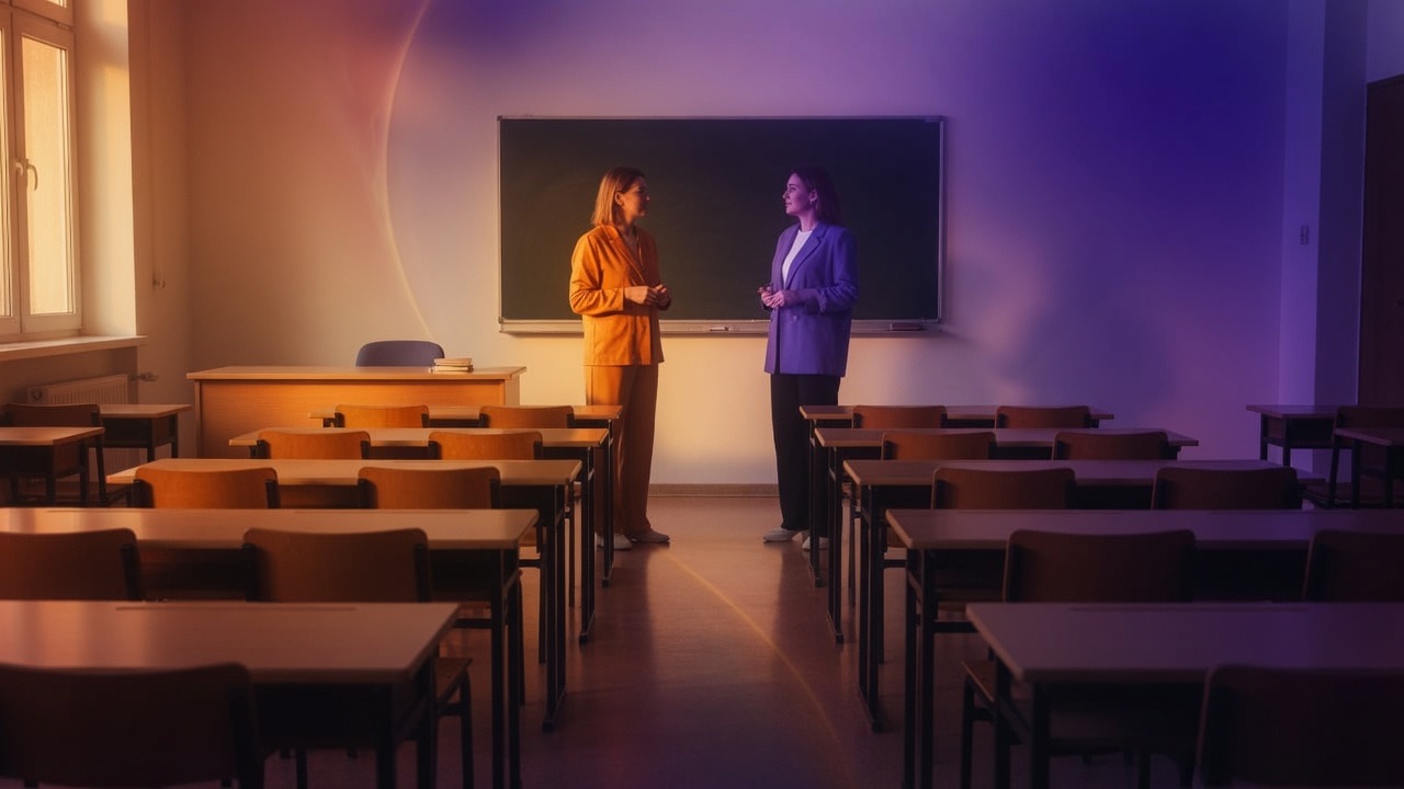 Two adults standing in an empty classroom, one in amber light and one in violet