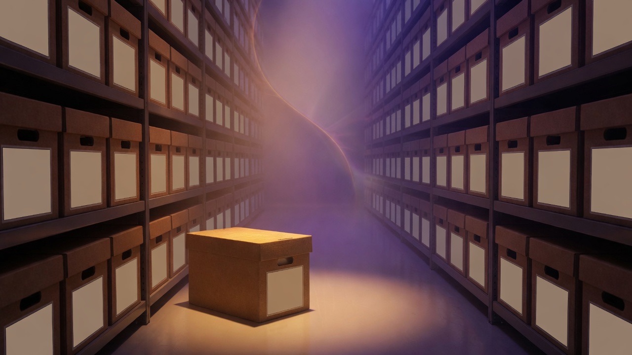 A long aisle of archive boxes, with one box pulled into amber light