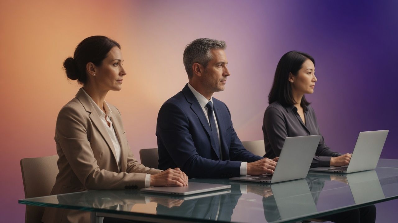 Three colleagues along a glass table in peach and violet light.