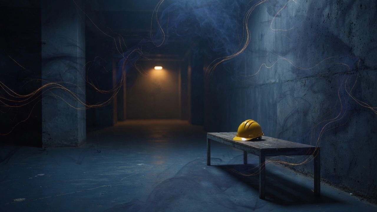 A hard hat on a bench in a quiet industrial hall.