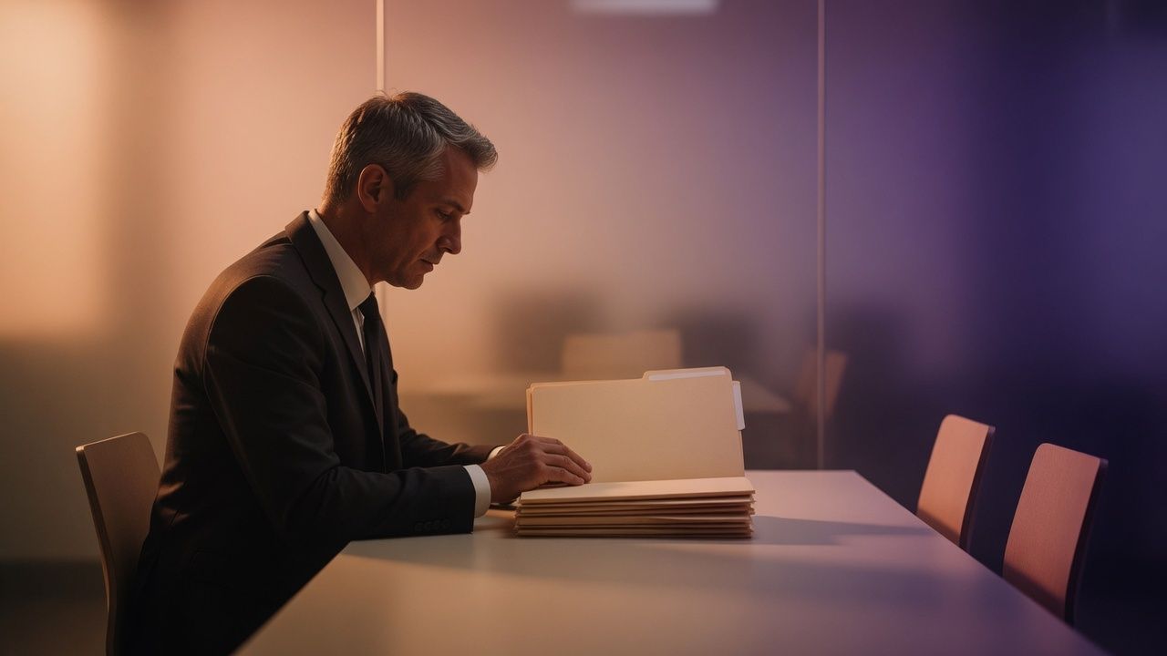 A recruiter reviewing a stack of folders in warm and violet light.