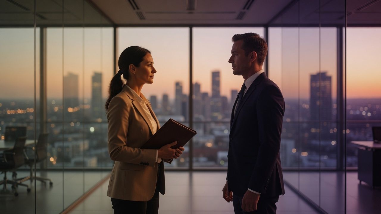 Two professionals with a closed folder in a glass office at dusk.