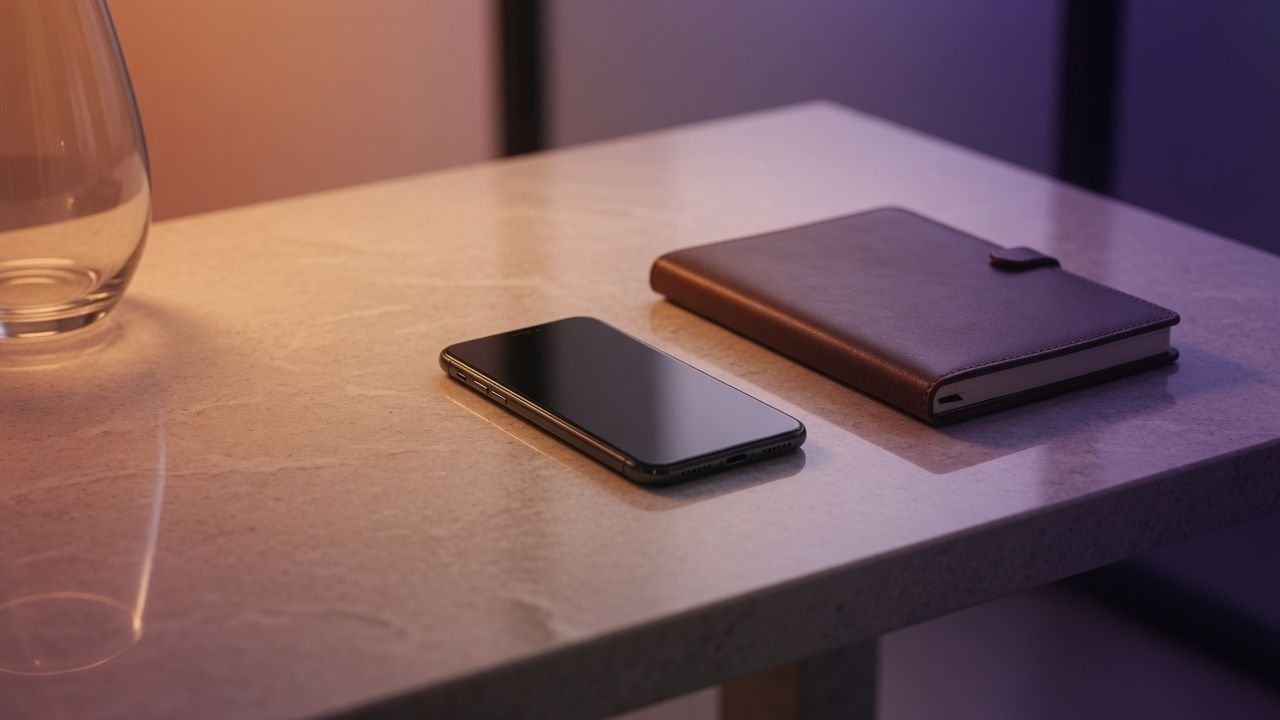 A phone lying face down beside a closed notebook.