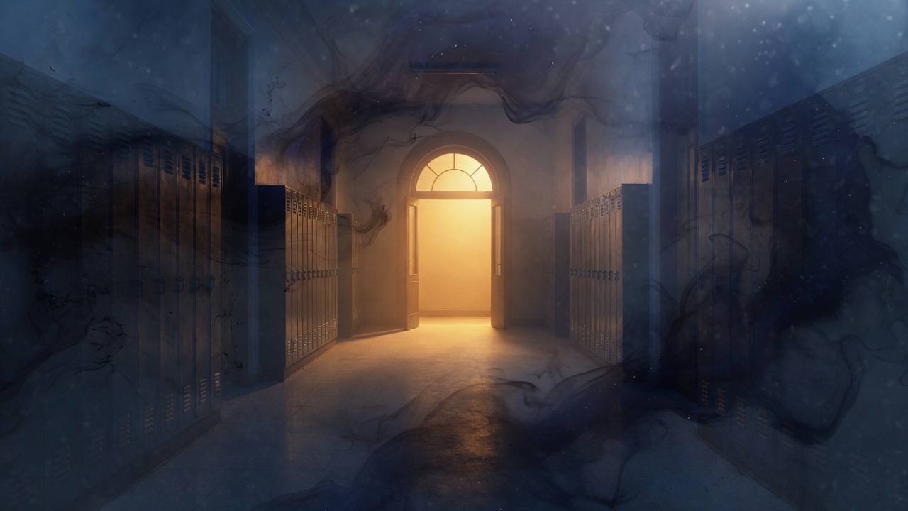 An empty school hallway, with lockers and amber light in an arched doorway