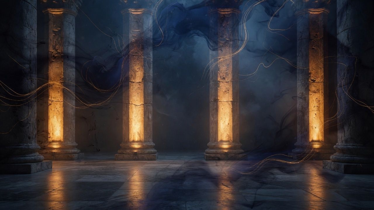 Stone columns washed with amber light in a dark hall.