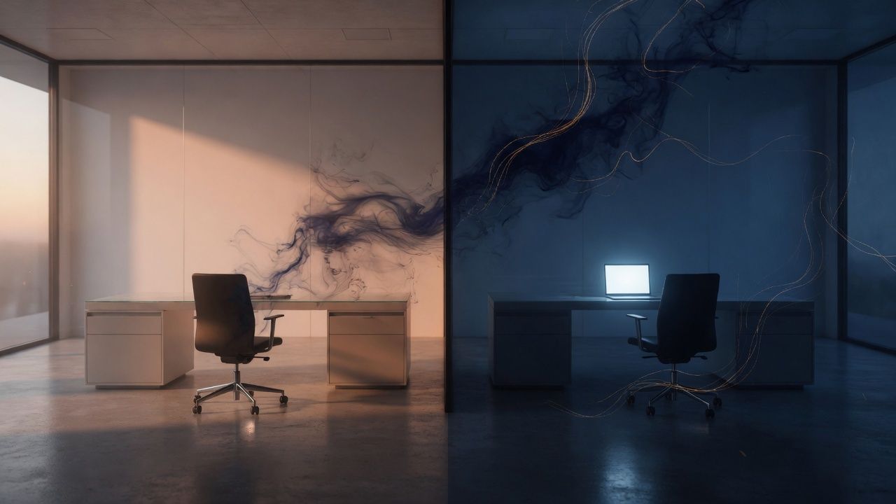 One quiet office in morning light beside the same office at night.