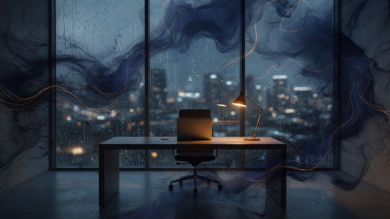 A closed laptop and a lamp at a rainy night window.