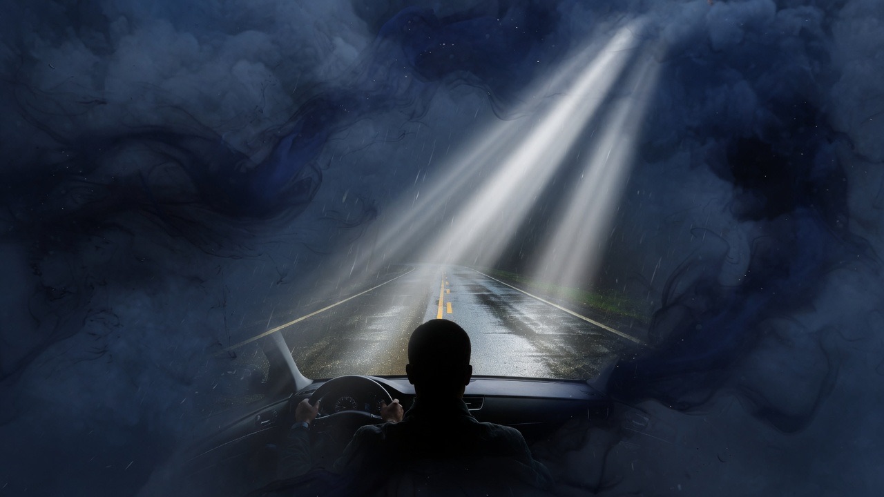 An adult driving a wet road at night through headlight beams