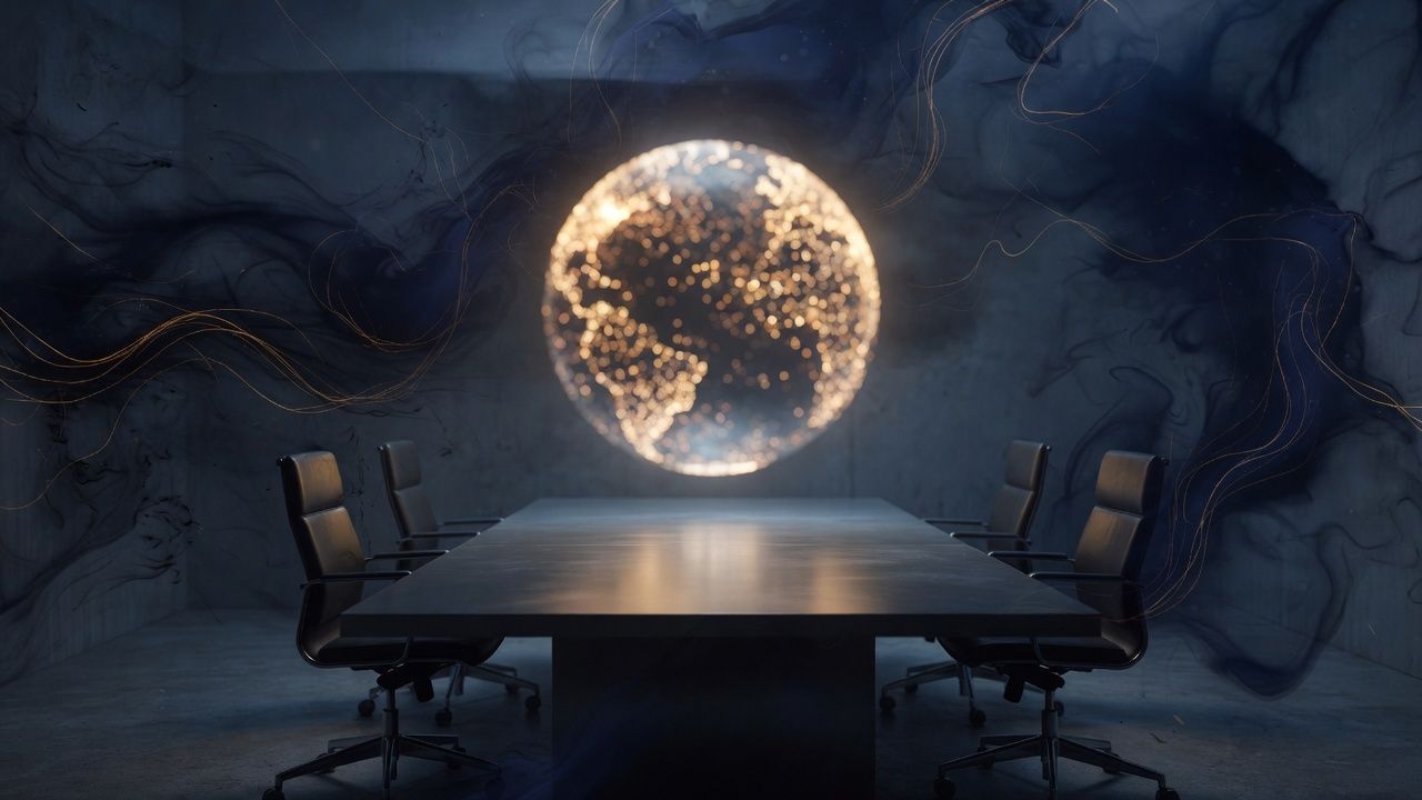 A glowing globe above an empty conference table.