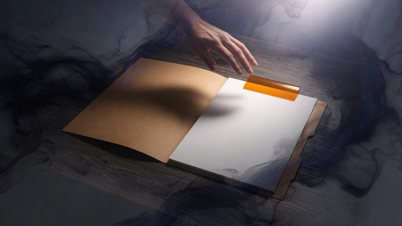 A hand above an open folder marked with an amber tab
