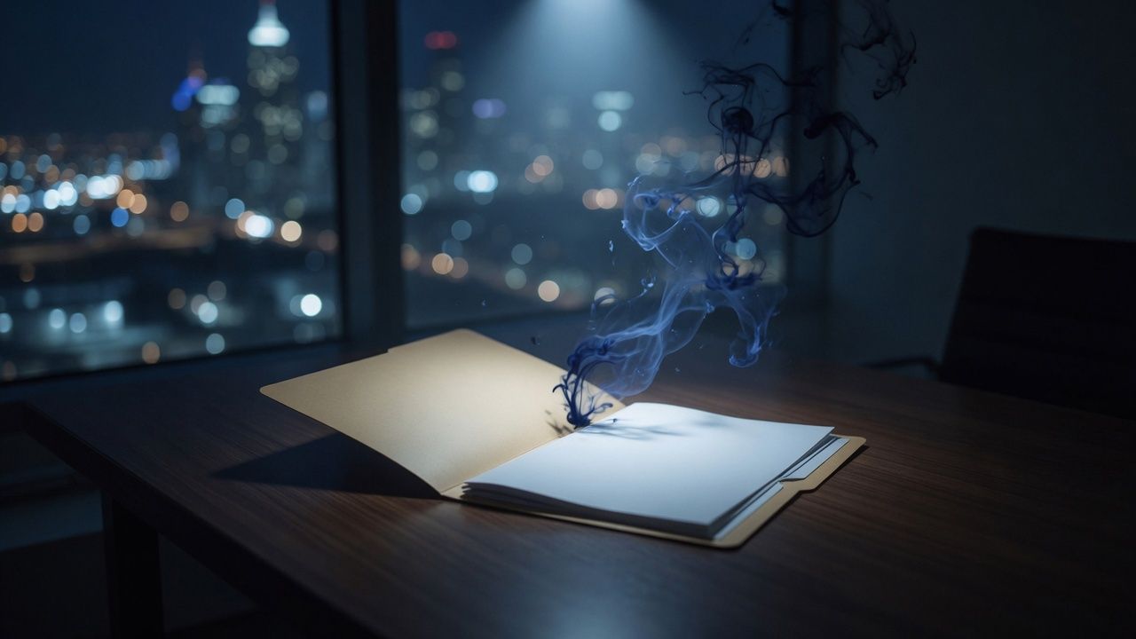 An open folder under a pool of light, with indigo ink above it.
