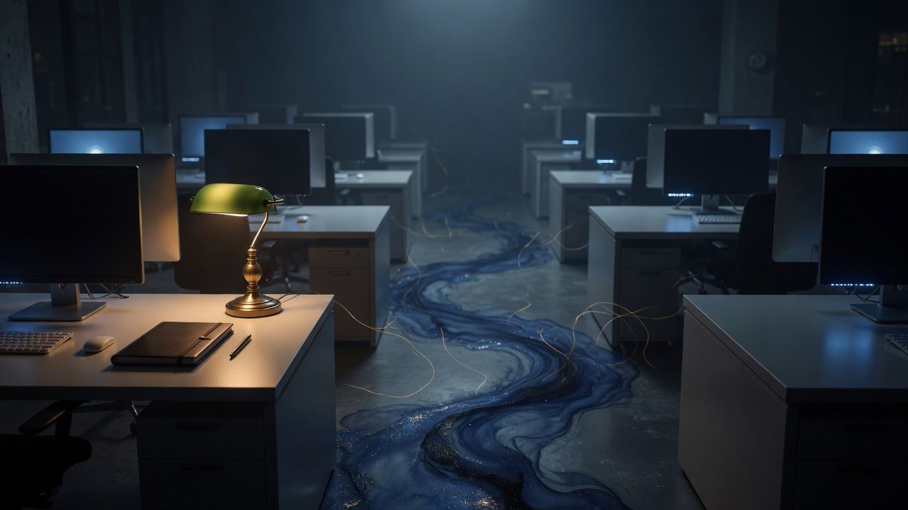 An after-hours floor of monitors with one warm lamp.