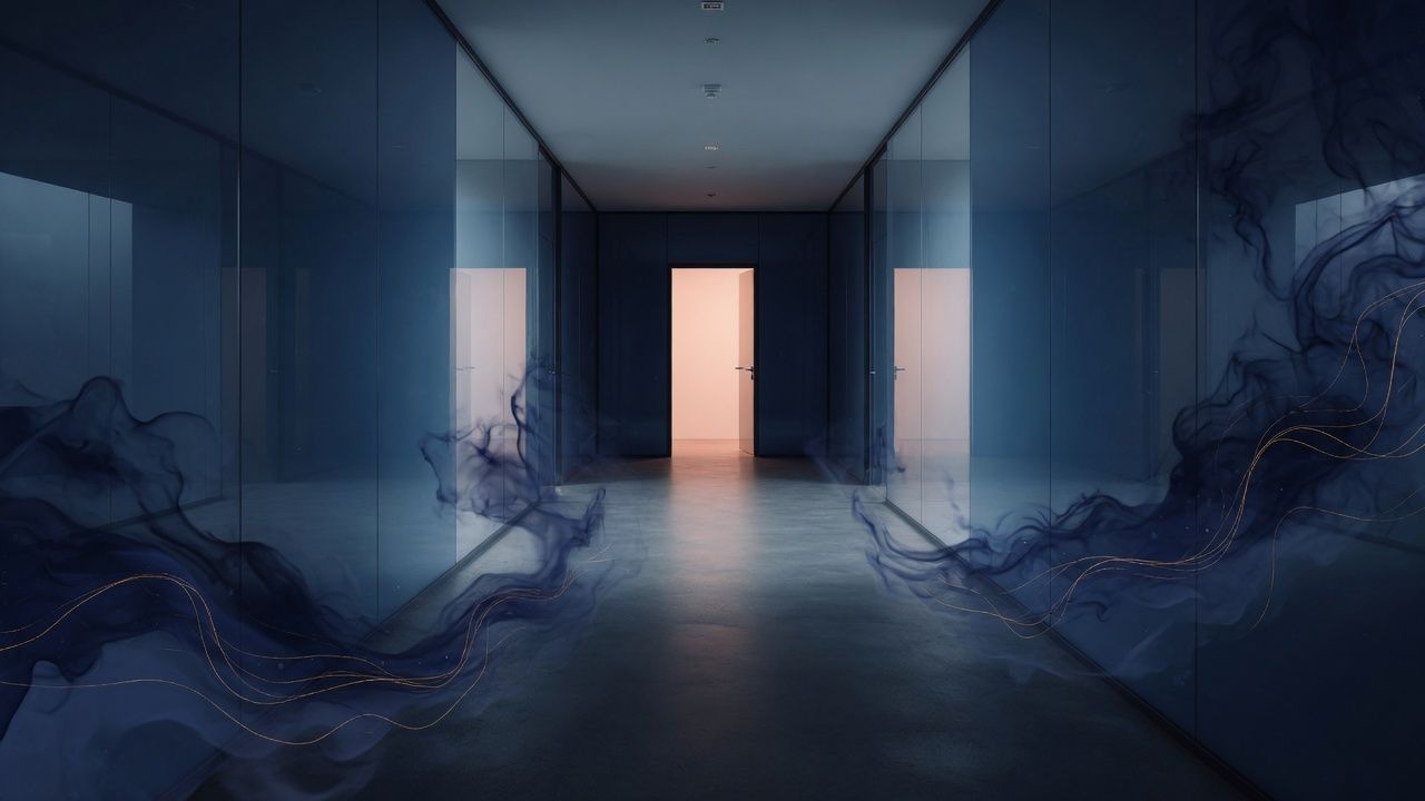 An empty glass corridor with a warm light in the far doorway.